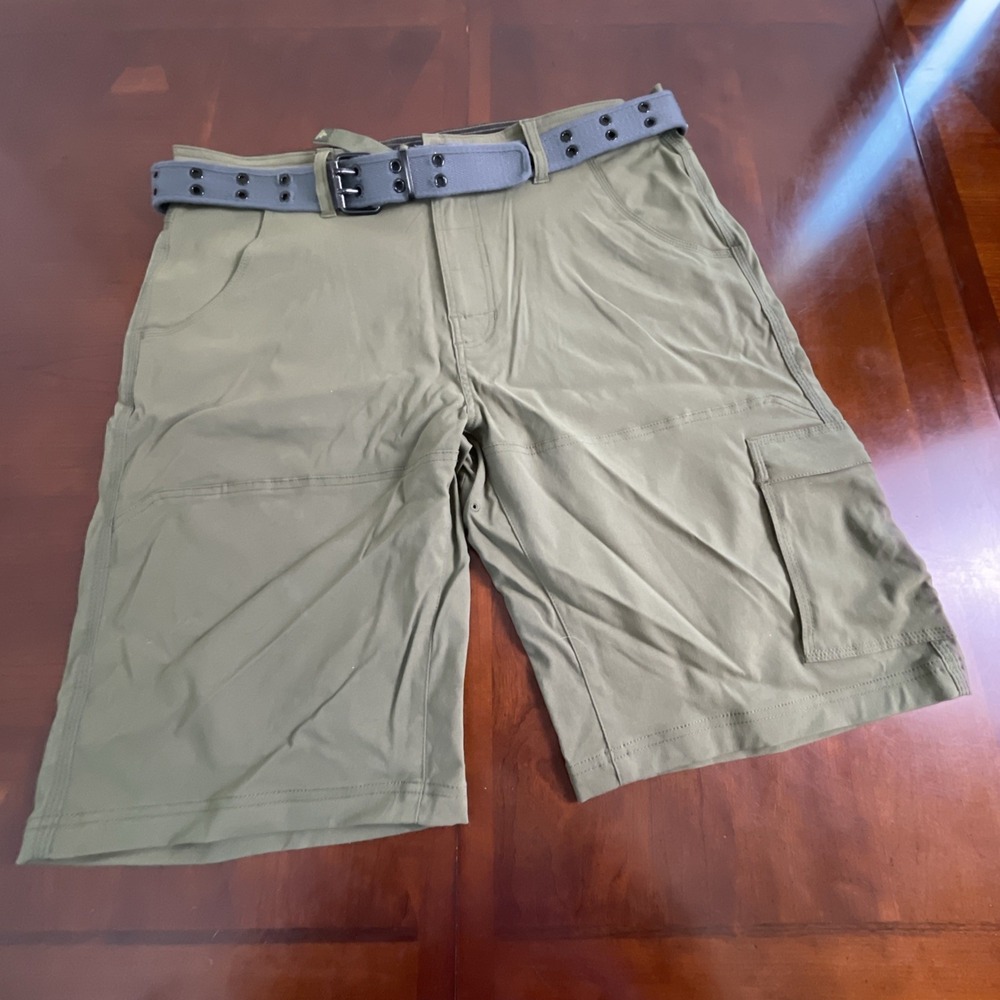 Prana Shorts Breathe Stretch Olive/Brown Mens Size 38x12L Hiking Outdoor W/Belt
